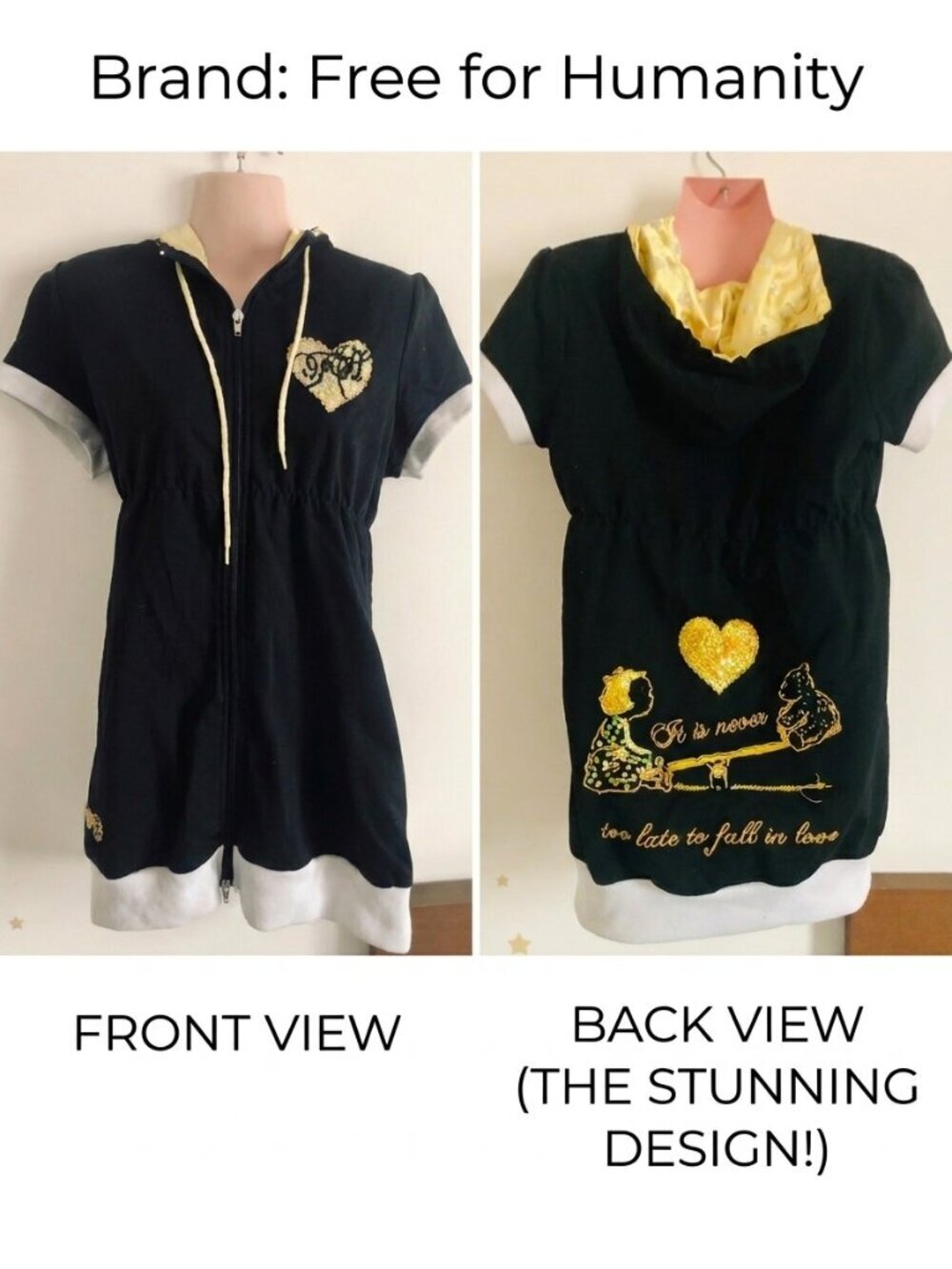 Vintage FREE FOR HUMANITY Zip Hoodie Y2K Black Gold L Sequin Embroidery Heart